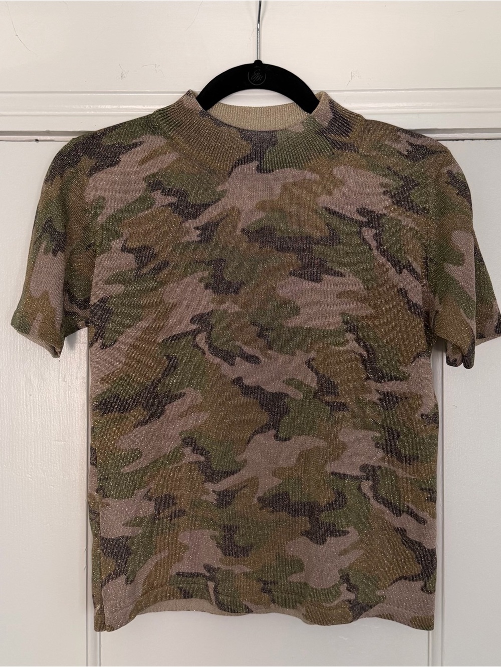 Vintage Intarsia Olive Green Cameo Silk Metallic Shirt - Paris, London, New York